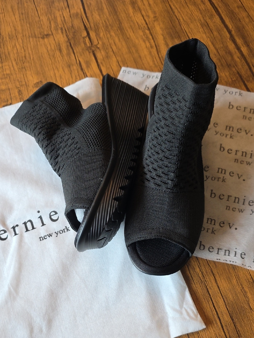 bernie mev. Black Knit Josephina Peep-Toe Wedge Sandals